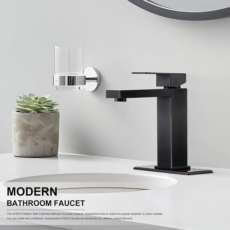 AVSIILE Oil Rubbed Bronze Bathroom Faucet, Single Hole Vanity Bath Faucet, Single Handle Modern Stainless Steel Bathroom Faucets for Sink 1 Hole with Pop Up Drain Stopper & Water Supply Hoses - Image 2